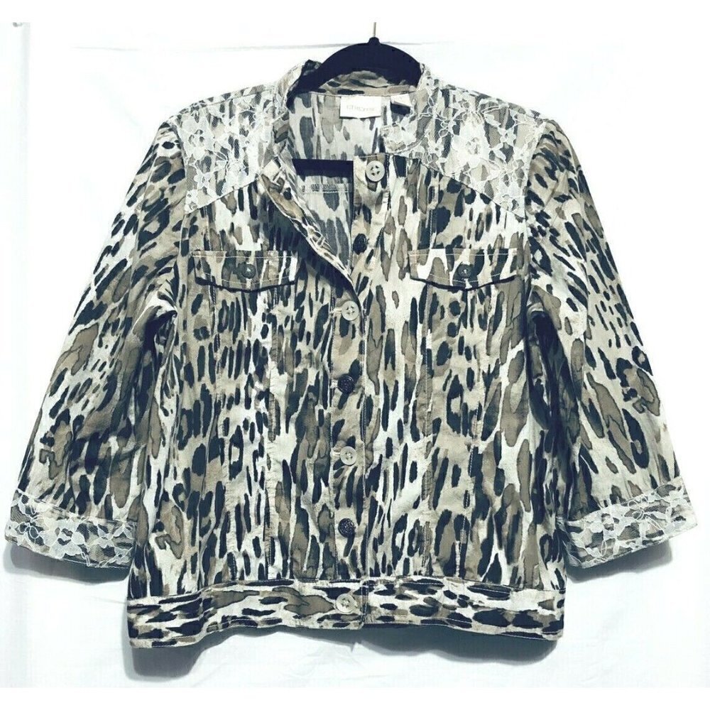 Chicos 1 Womens M/8 Animal Print Lightweight Jacket Lace 3/4 Sleeves Boho